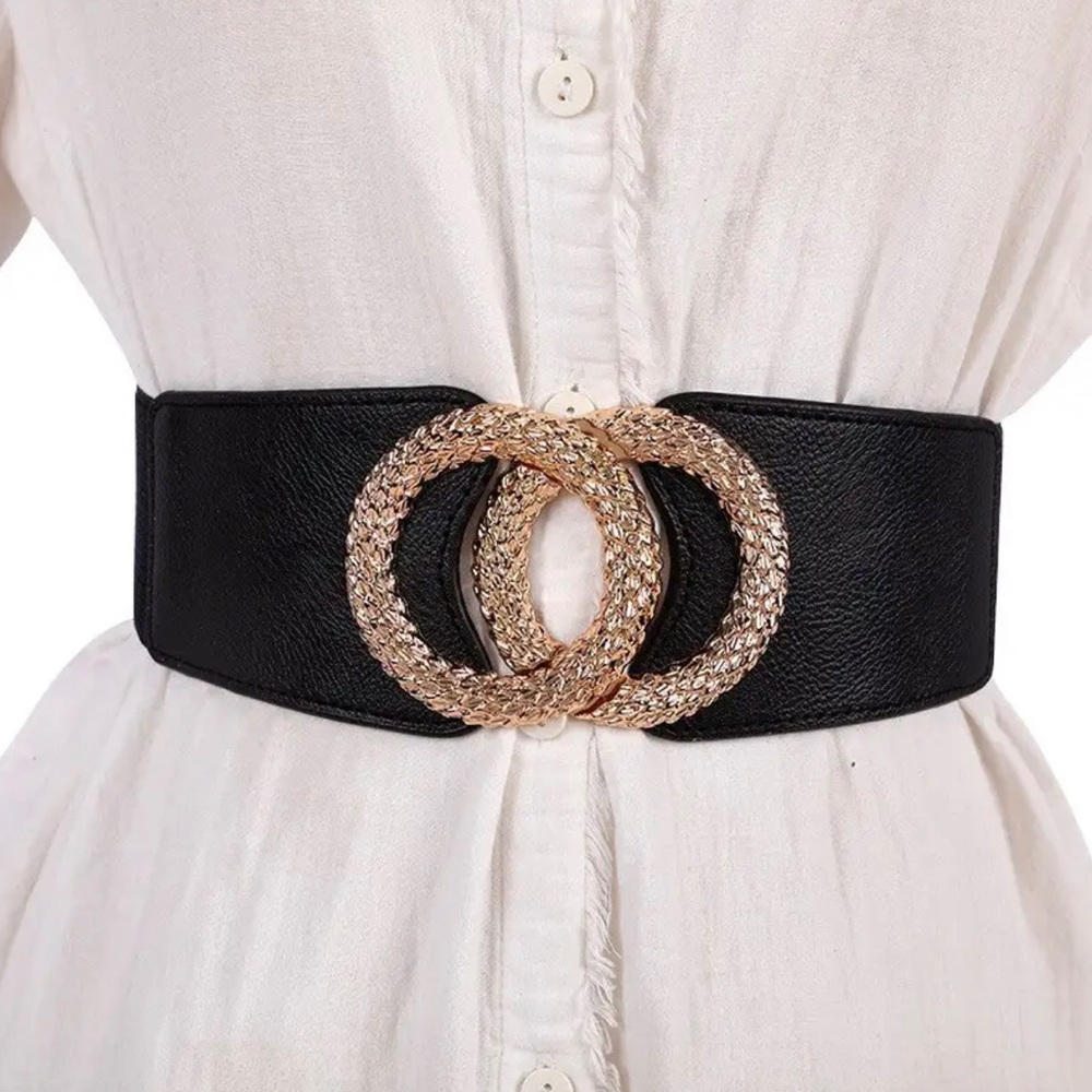 New Black Faux Leather Elastic Golden Double Circle Buckle Belt